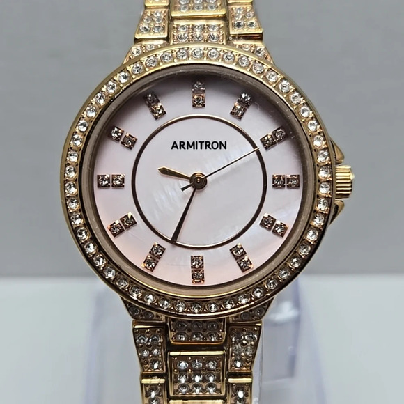 Womens Armitron Crystal Rose Gold Tone Bezel Pink Dial New Battery 32mm 75/5217 - Picture 1 of 16